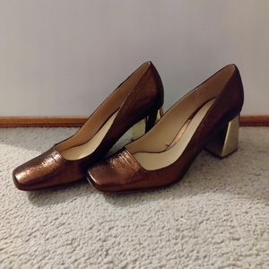 Zara Bronze Metallic Cracked Leather Mid Heel Shoes
